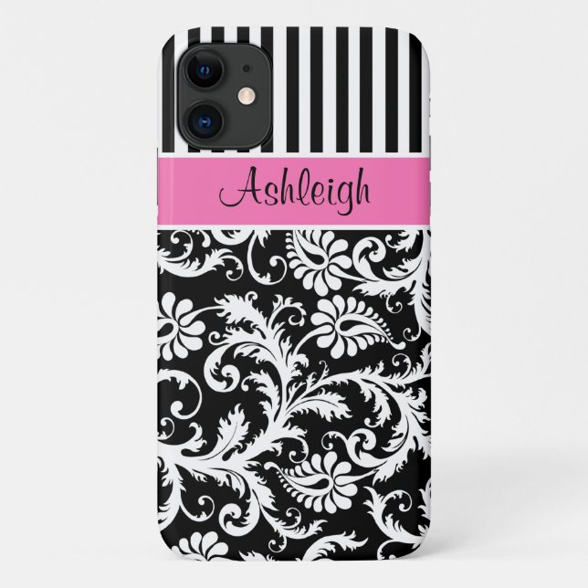 Capa Para iPhone 11 Damasco Rosa Personalizado, Preto, Branco Stripado (Verso)