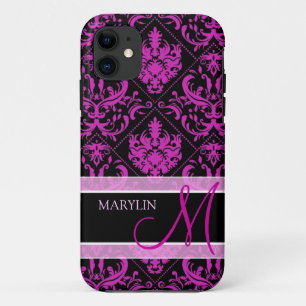 Capa Para iPhone 11 Damasco roxo & preto elegante com monograma