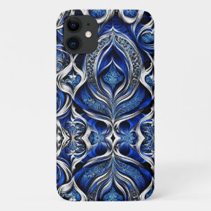 Capa Para iPhone 11 Damasco Silver Blue Abstrato