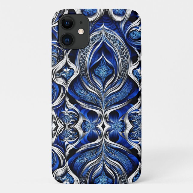 Capa Para iPhone 11 Damasco Silver Blue Abstrato (Verso)