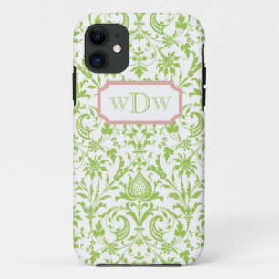 Capa Para iPhone 11 Damasco verde e branco moderno e quadro