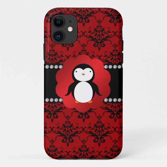 Capa Para iPhone 11 Damasco vermelho-pinguim bonito (Verso)