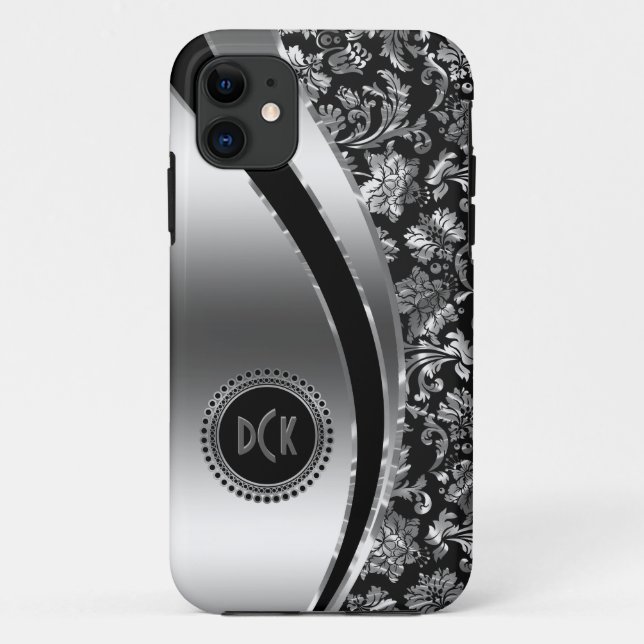 Capa Para iPhone 11 Damascos de Prata Pretos e Metálicos Monogramados (Verso)