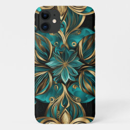 Capa Para iPhone 11 Damask Flower Dourado Emerald Black
