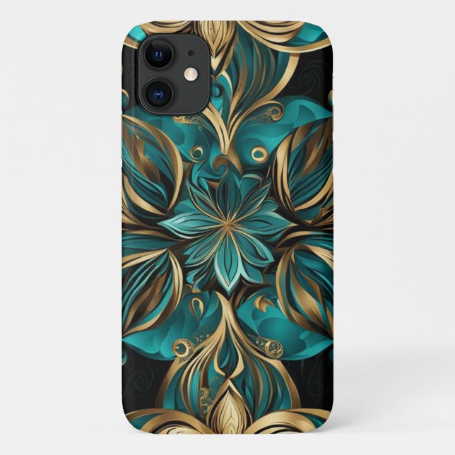 Capa Para iPhone 11 Damask Flower Dourado Emerald Black (Verso)