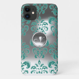Capa Para iPhone 11 DAMASK GEM MONOGRAM azul branco