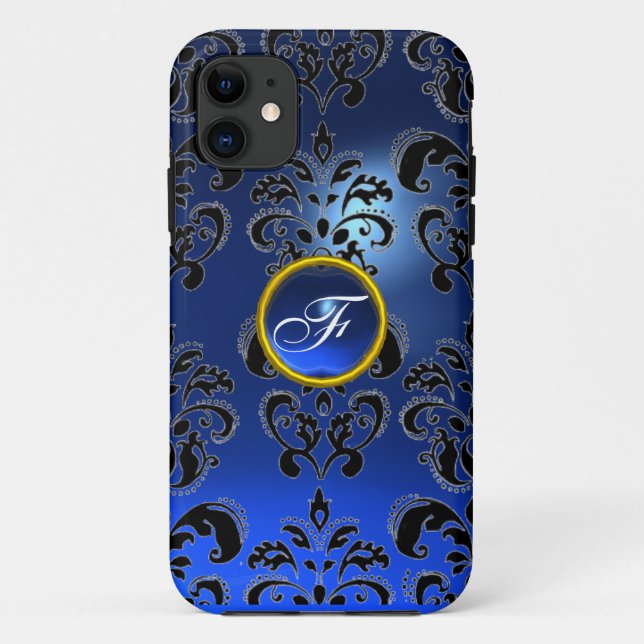 Capa Para iPhone 11 DAMASK GEM MONOGRAM azul escuro (Verso)