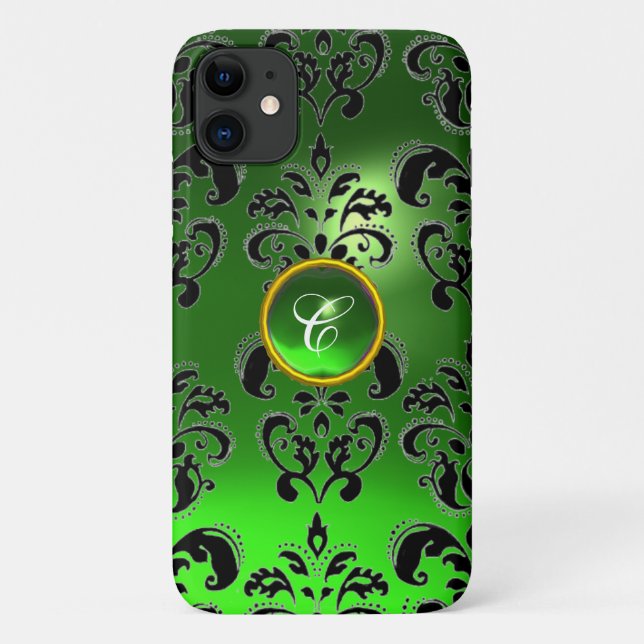 Capa Para iPhone 11 DAMASK GEM MONOGRAM Emerald Green (Verso)