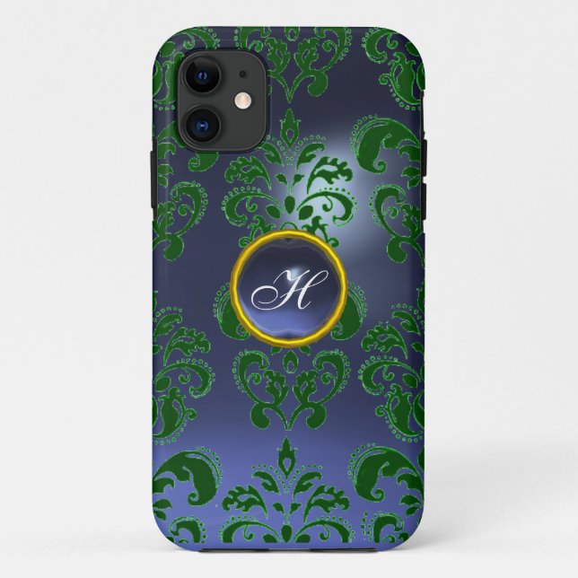Capa Para iPhone 11 DAMASK GEM MONOGRAM verde roxo escuro (Verso)
