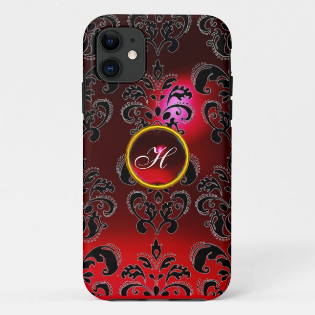 Capa Para iPhone 11 DAMASK GEM MONOGRAMA vermelho (Verso)