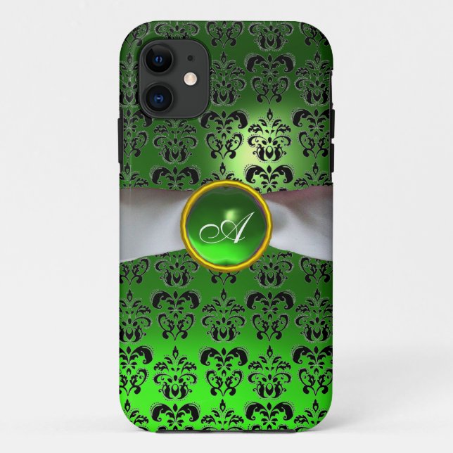 Capa Para iPhone 11 DAMASK GIRLY MONOGRAM — fita branca verde (Verso)