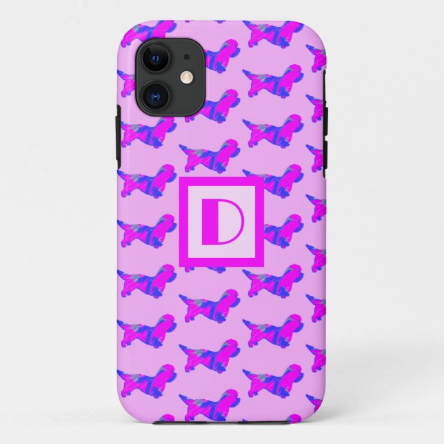 Capa Para iPhone 11 Dandie Dinmont Dog Lover Pink & Blue Monograma (Verso)