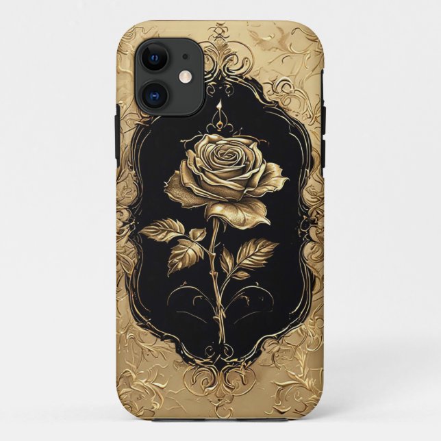 Capa Para iPhone 11 Decoração de Rosa com Embelezamento Dourado (Verso)
