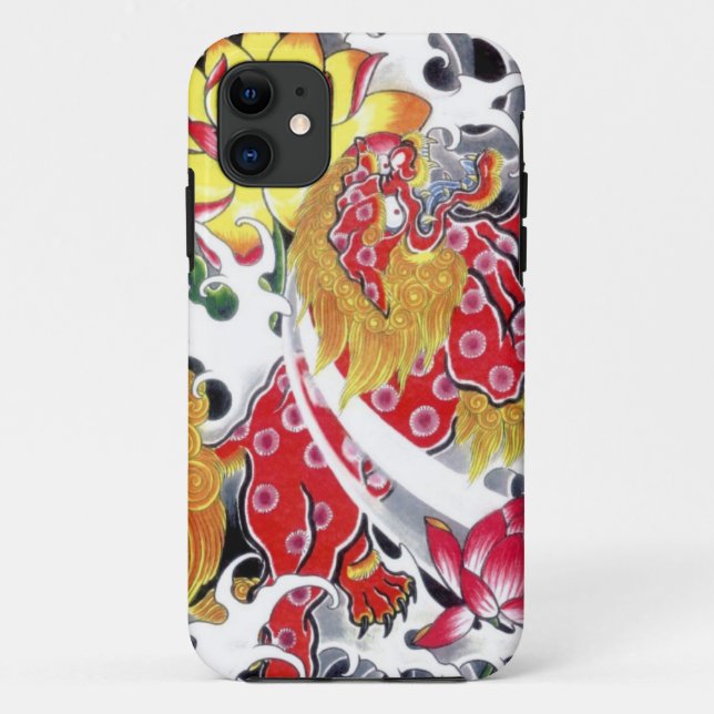 Capa Para iPhone 11 Desenho de Tatuagem Foo Dog & Lótus (Verso)