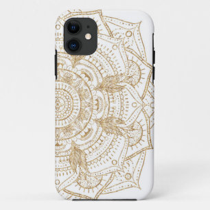 Capa Para iPhone 11 Design de Desenho de Mão de Mandala Branco e Dour