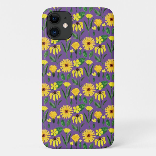 Capa Para iPhone 11 design de margarida amarela em roxo (Verso)