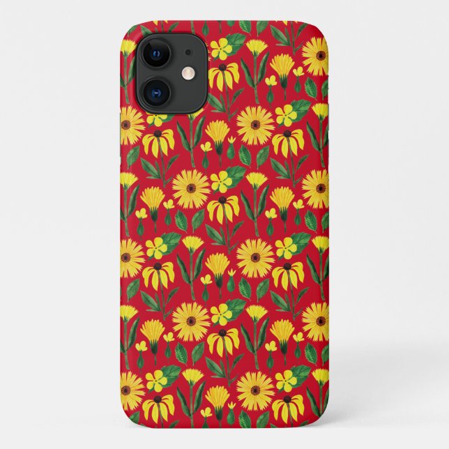 Capa Para iPhone 11 design de margarida amarela em vermelho (Verso)