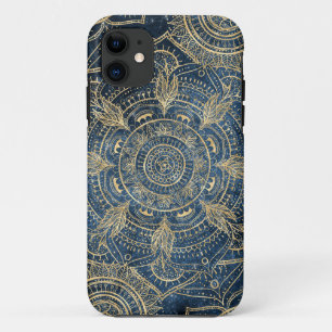 Capa Para iPhone 11 Design elegante Dourado de Mandala Azul
