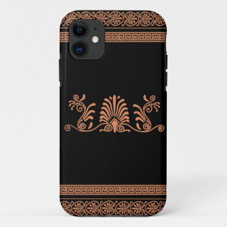 Capa Para iPhone 11 Design floral preto e alaranjado do estilo grego