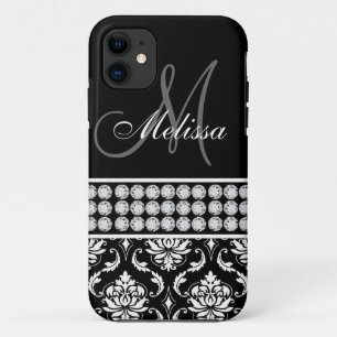 Capa Para iPhone 11 Diamantes impressos de Black Damask Personalizados