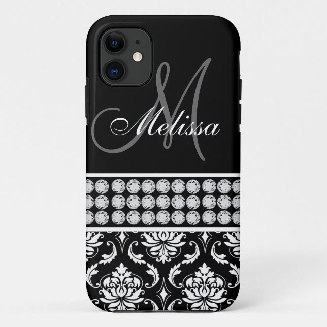 Capa Para iPhone 11 Diamantes impressos de Black Damask Personalizados (Verso)