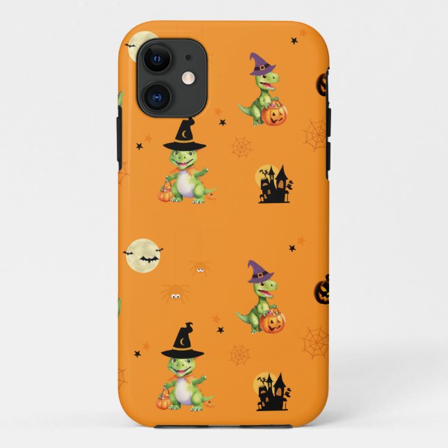 Capa Para iPhone 11 Dinossauro bonito joga truque de abóbora para trat (Verso)