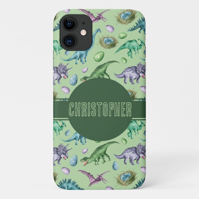 Capa Para iPhone 11 Dinossauro Jurássico Verde Rajante com Nome (Verso)