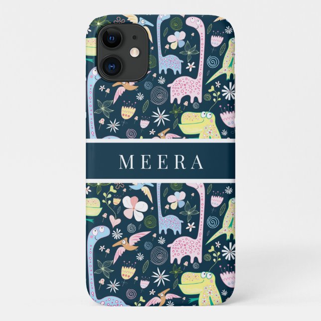 Capa Para iPhone 11 Dinossauros de Cartoon Bonitos Nome do Padrão Azul (Verso)