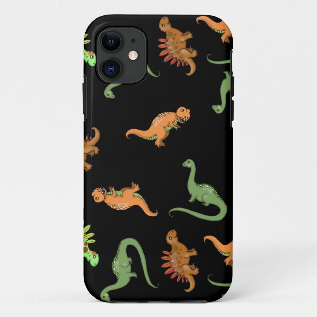 Capa Para iPhone 11 Dinossauros Fofos em Fundo Preto (Verso)