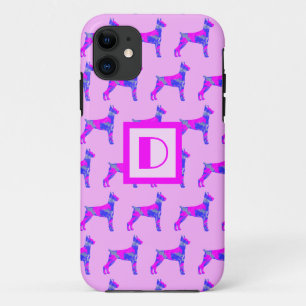 Capa Para iPhone 11 Doberman Pinscher Cachorro Sobre o Rosa e o Monogr