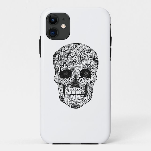 Capa Para iPhone 11 Doodle floral do crânio (Verso)
