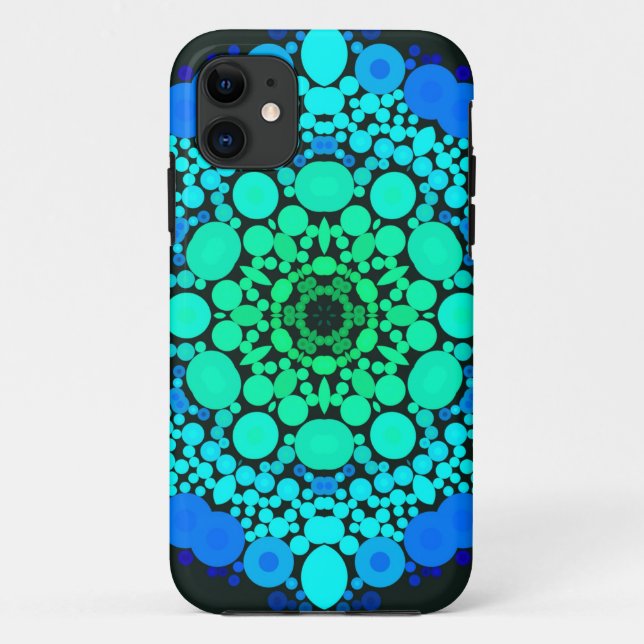 Capa Para iPhone 11 Dot Mandala Flor Azul e Verde (Verso)