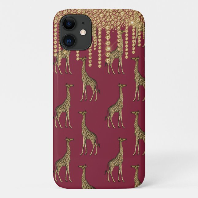 Capa Para iPhone 11 Dourada Giraffe Bling Burgundy Jewels (Verso)