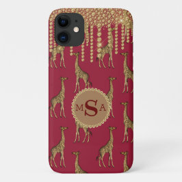 Capa Para iPhone 11 Dourada Giraffe Monograma Bling Burgundy Jewels