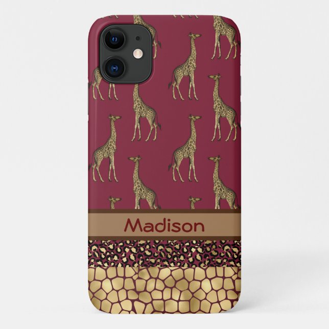 Capa Para iPhone 11 Dourada Giraffe Na moda Burgundy Nome Selva Chic (Verso)