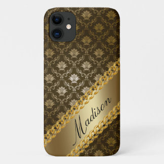 Capa Para iPhone 11 Dourado Damask Girly Shiny Elegant Personalize Nam