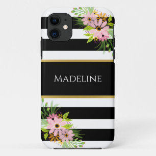 Capa Para iPhone 11 Dourado Floral Preto-Branco Estimulado   Na moda