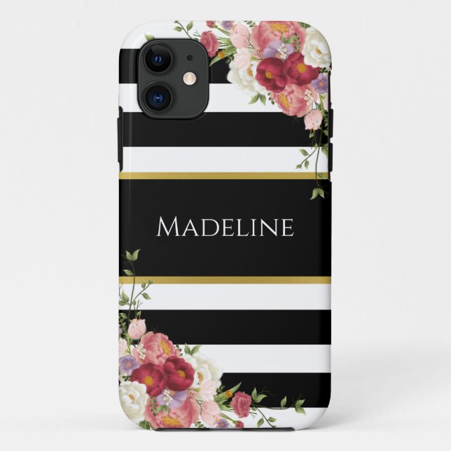 Capa Para iPhone 11 Dourado Floral Preto-Branco Estimulado | Na moda (Verso)