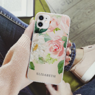 Capa Para iPhone 11 Dourado marfim rosa aquarela Floral com seu nome