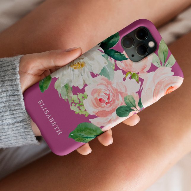 Capa Para iPhone 11 Dourado marfim rosa aquarela Floral com seu nome (Criador carregado)