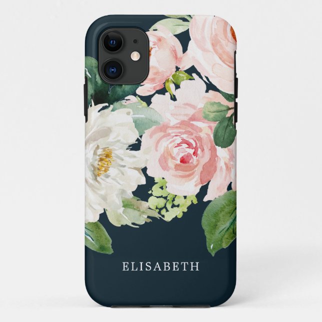 Capa Para iPhone 11 Dourado marfim rosa aquarela Floral com seu nome (Verso)