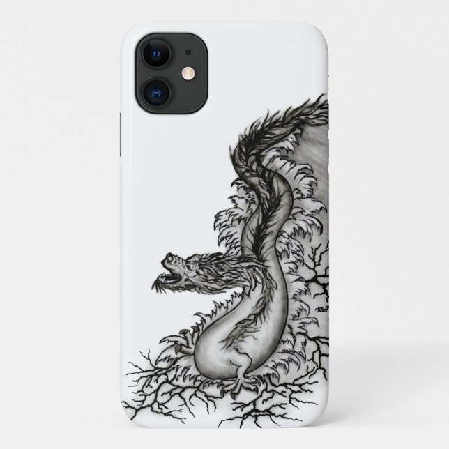 Capa Para iPhone 11 Dragão chinês, Design preto e branco em tatuostilo (Verso)