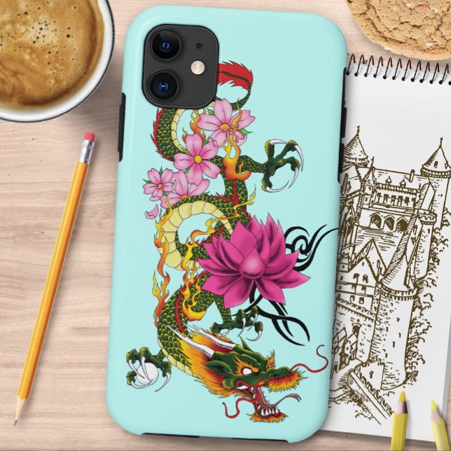 Capa Para iPhone 11 Dragão chinês Lotus Cherry Blossoms (Criador carregado)