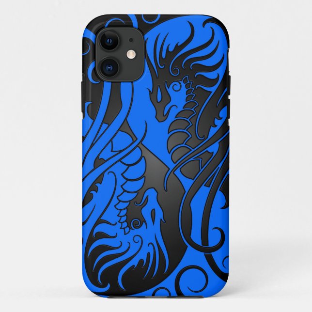 Capa Para iPhone 11 Dragões de Yin Yang do vôo - azul e preto (Verso)