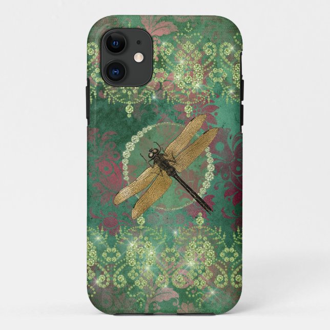 Capa Para iPhone 11 Dragonfly Dourada em Verde com Rhinestones (Verso)