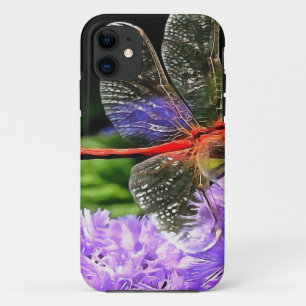 Capa Para iPhone 11 Dragonfly Vermelha em Flores Violetas Roxos