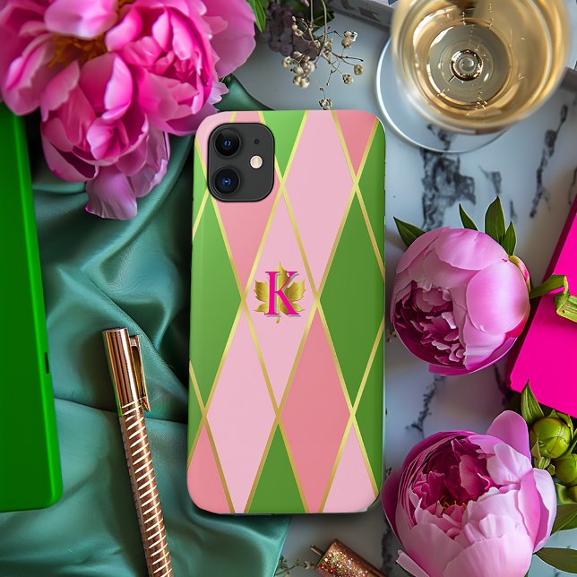Capa Para iPhone 11 Driver de árgulas rosa na moda e verde (Stylish Pink and Green Argyle iPhone Case )