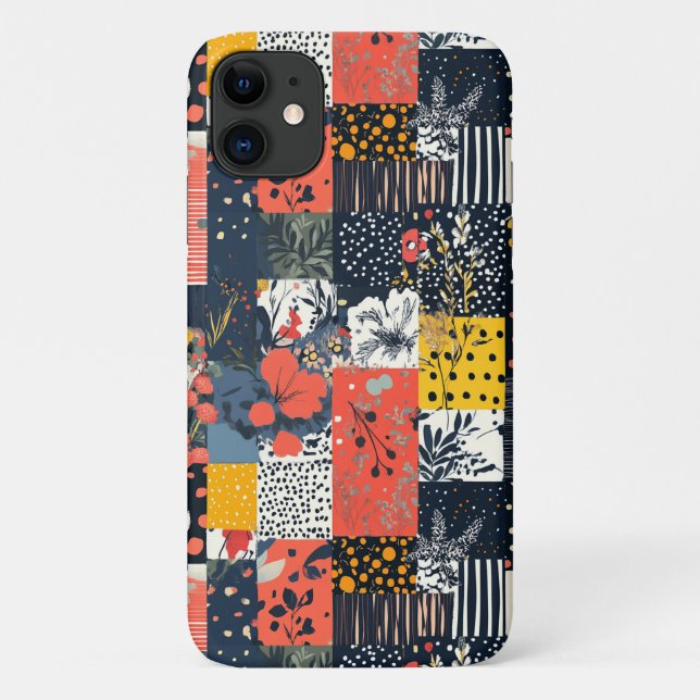 Capa Para iPhone 11 Eclético Patchwork Botânico Ousado com Pontos (Verso)