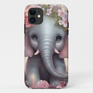 Capa Para iPhone 11 Elefante Adorável para Bebês com Flores