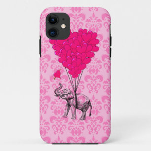 Capa Para iPhone 11 Elefante segurando coração no damasco cor-de-rosa